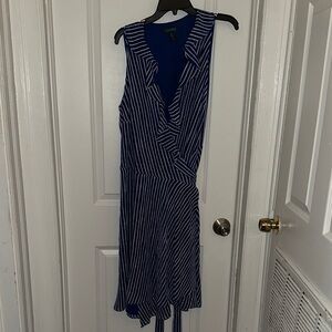 Ralph Lauren Blue and White Sleeveless Wrap Midi Dress